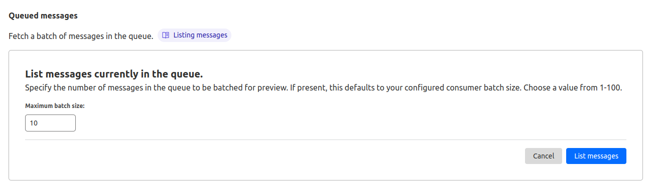 A form to configure how many messages are listed at a time, with a number input showing &lsquo;10&rsquo;