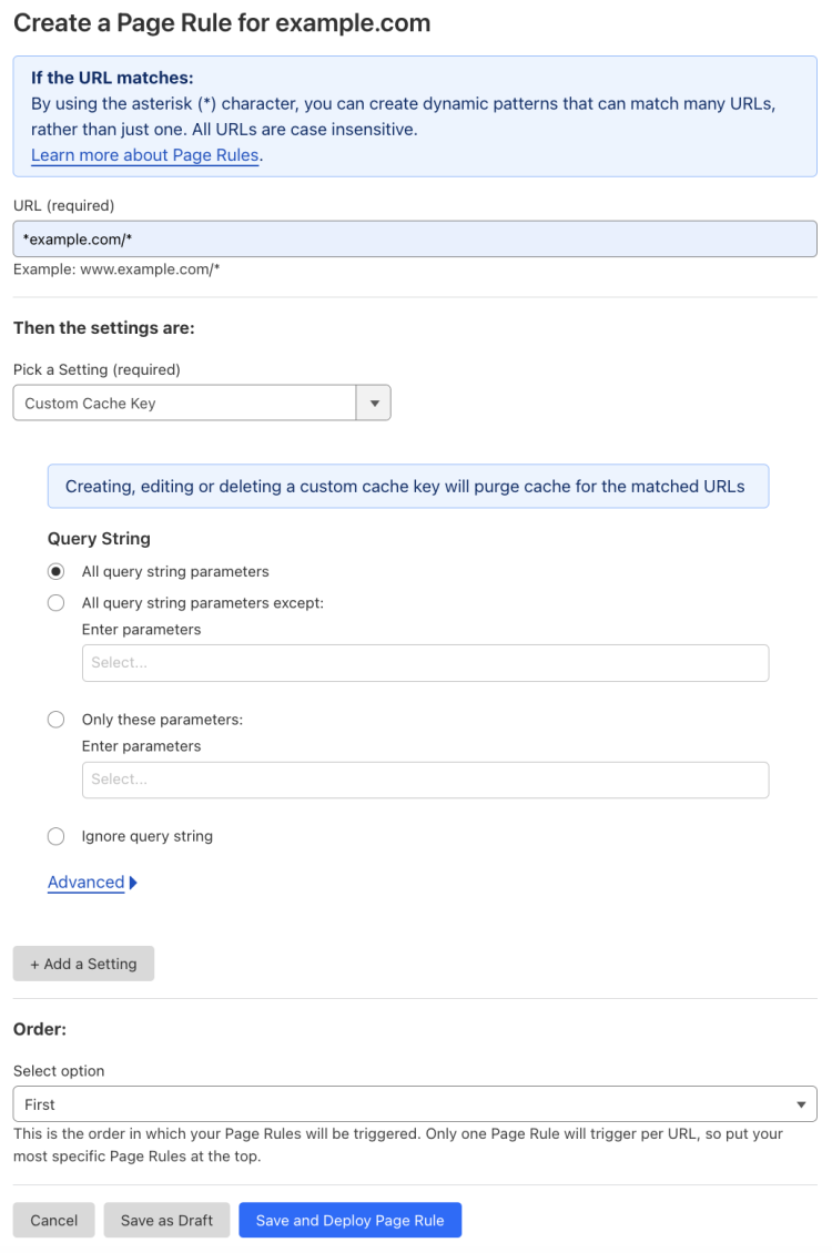 Example Page Rule with the &lsquo;Custom Cache Key&rsquo; setting