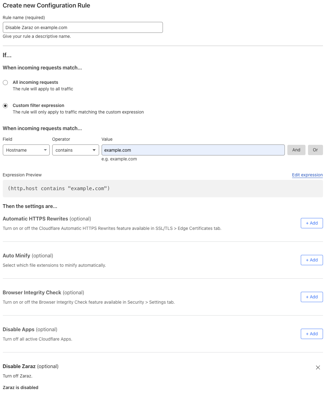 Configuration rule matching the &lsquo;Disable Zaraz&rsquo; setting of the example Page Rule