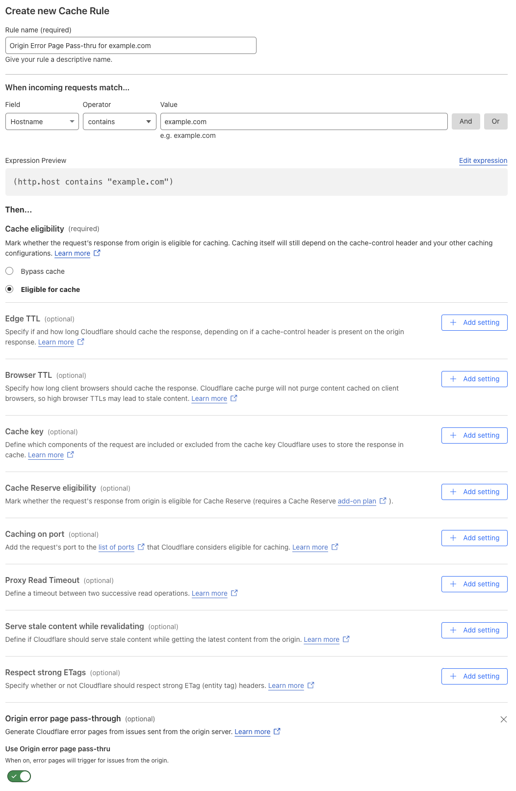 Cache rule matching the &lsquo;Origin Error Page Pass-thru &gt; On&rsquo; setting of the example Page Rule