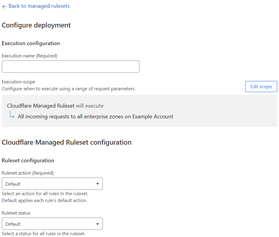 The Configure deployment page displaying the available options to override all the rules in the ruleset. In the displayed managed ruleset you can override the ruleset action.